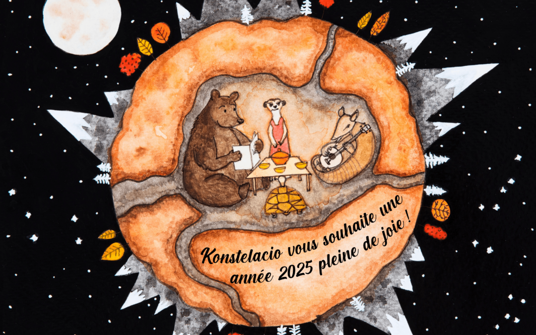 Carte de voeux 2025 de l'association Konstelacio : une planète avec des animaux qui partagent un repas ensemble, illustrée par Marie Béziès.