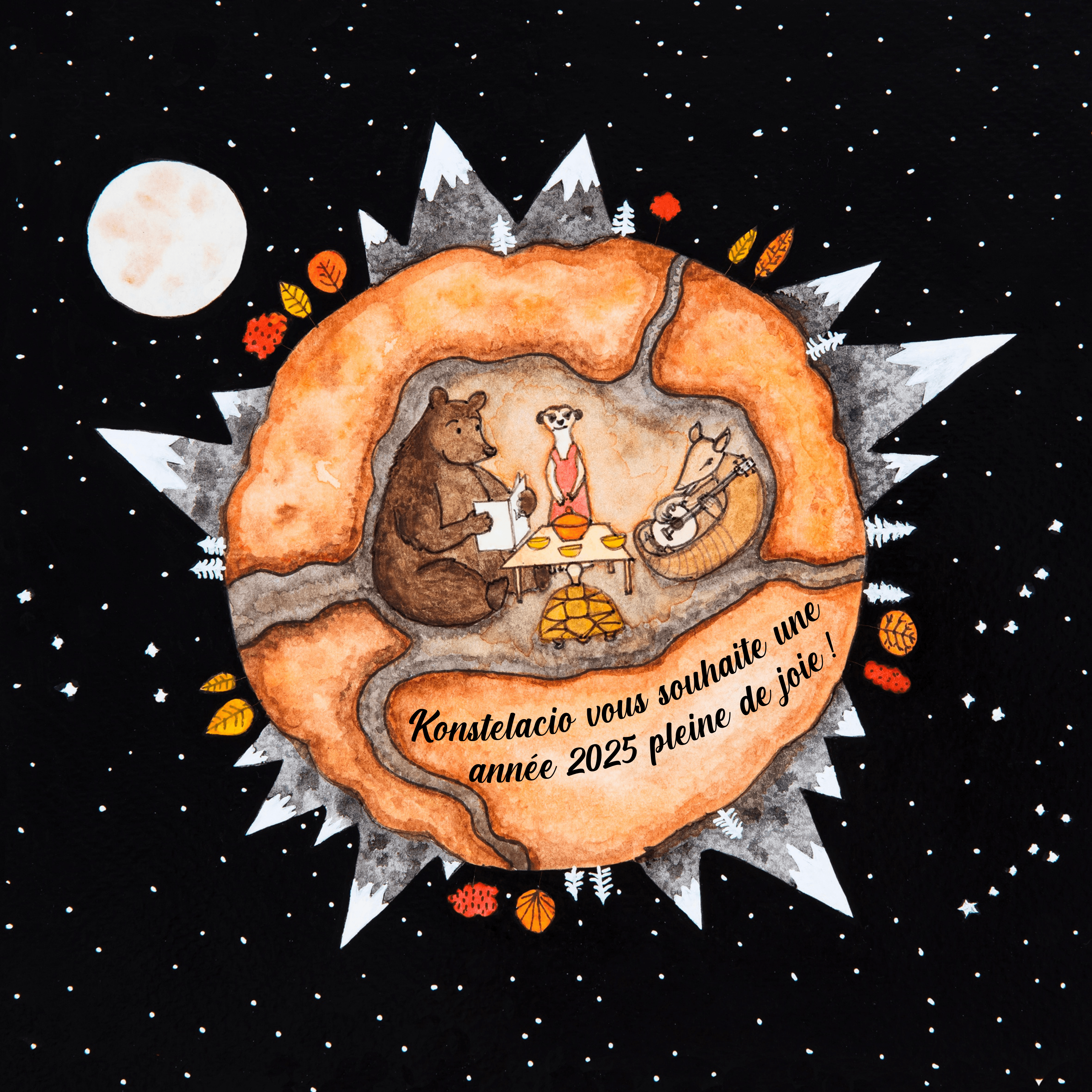 Carte de voeux 2025 de l'association Konstelacio : une planète avec des animaux qui partagent un repas ensemble, illustrée par Marie Béziès.